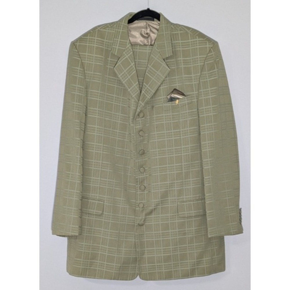 Falcone Vintage Olive Green Windowpane 7 Button Zoot Suit 44L 38W 1920s Styled